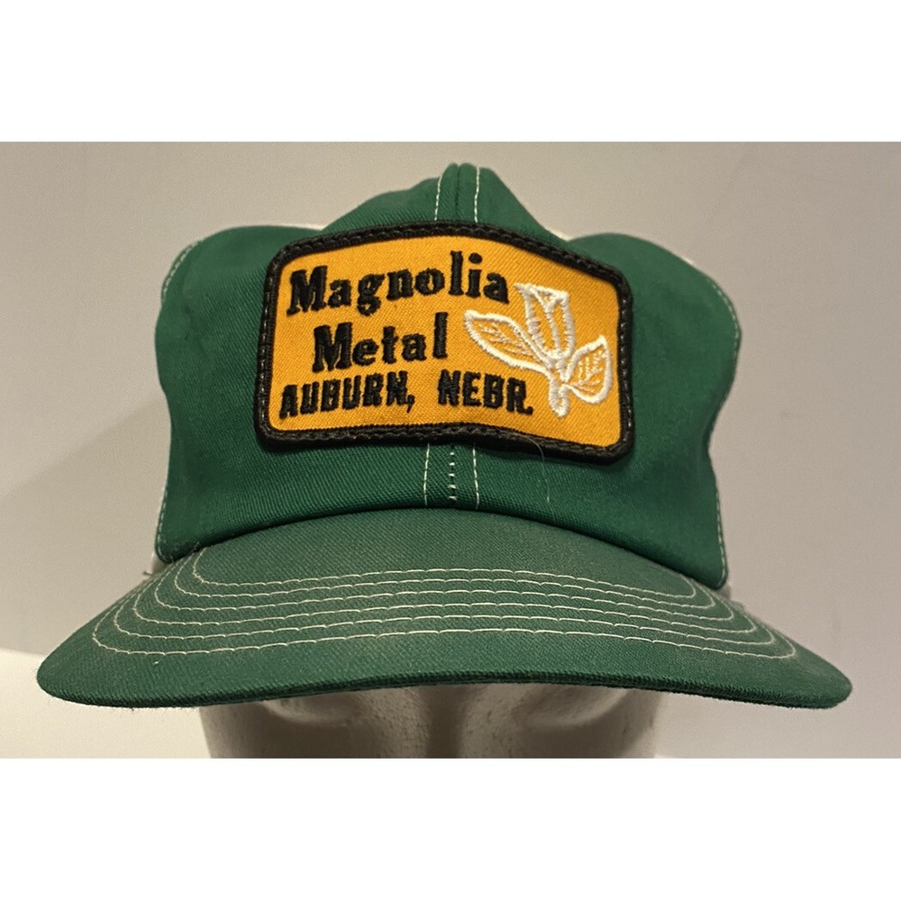 Vtg Magnolia Metal Mesh Snapback Trucker Hat Cap Patch K Products USA Auburn NE
